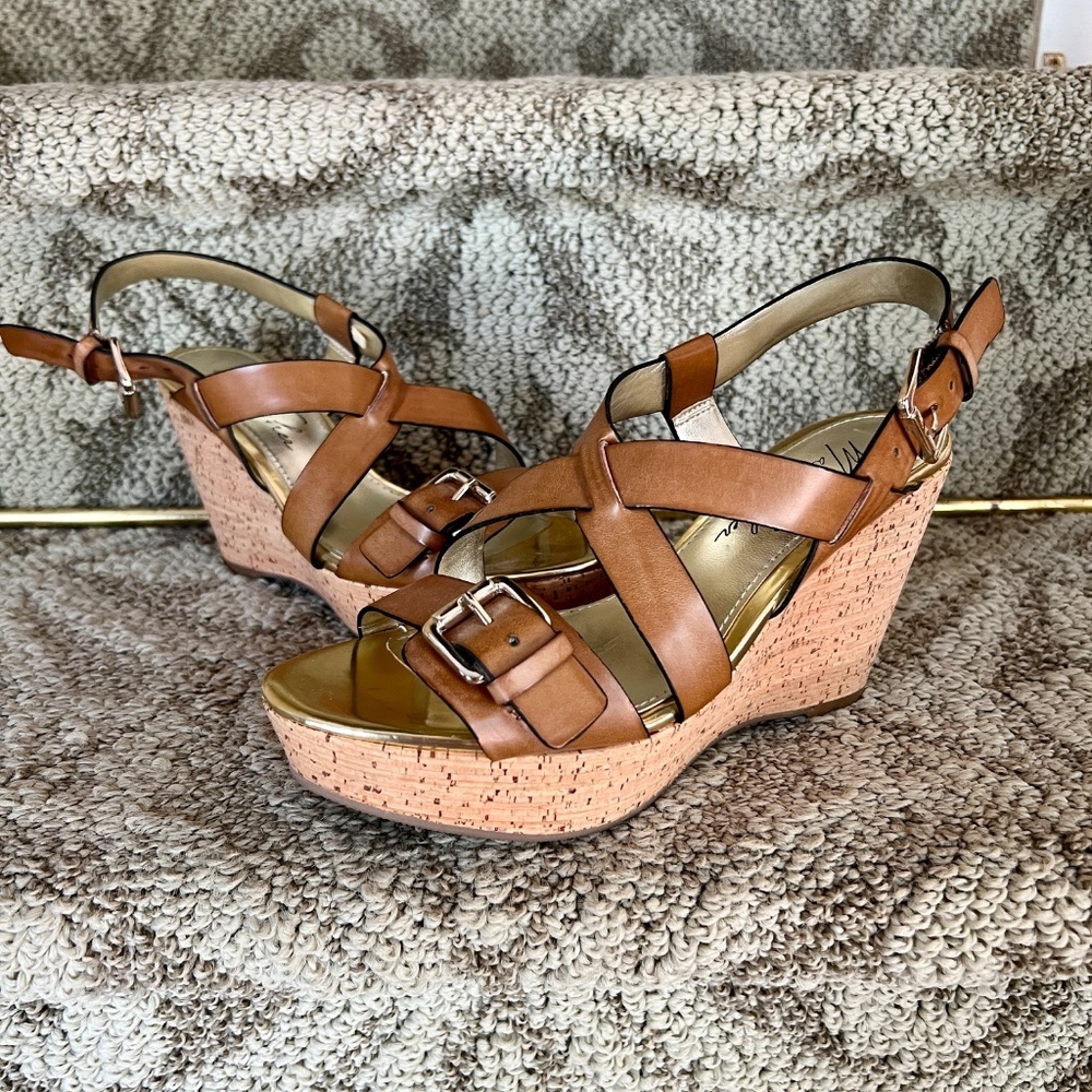 EUC Marc Fisher Gilon Brown Leather & Cork Platform Wedge Heel Sandals Size‎ 6 M - Picture 3 of 8